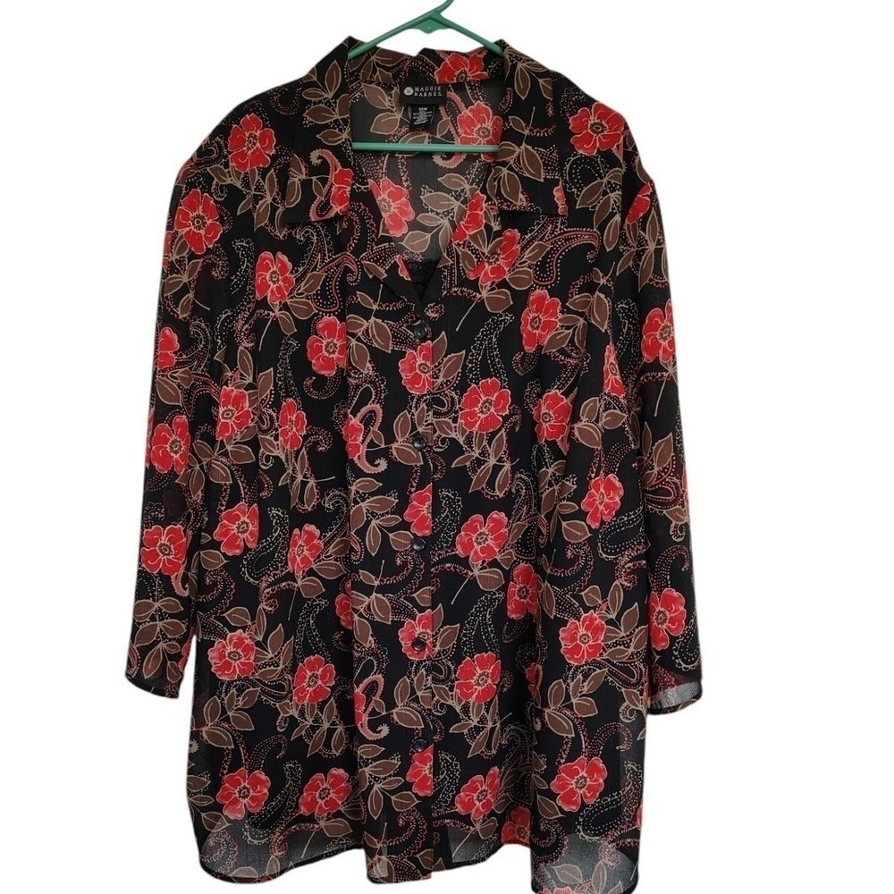 Maggie Barnes Womens‎ 34W Black Red Floral Paisley Sheer Button Up Blouse Top